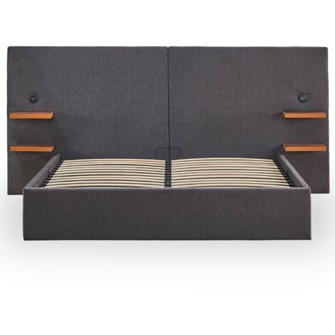 Lit-coffre complet avec tablettes et ports USB intégrés Lukas 140x190cm Tissu Gris