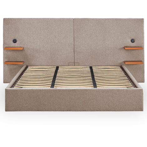 Lit-coffre complet avec tablettes et ports USB intégrés Lukas 180x200cm Tissu Taupe clair