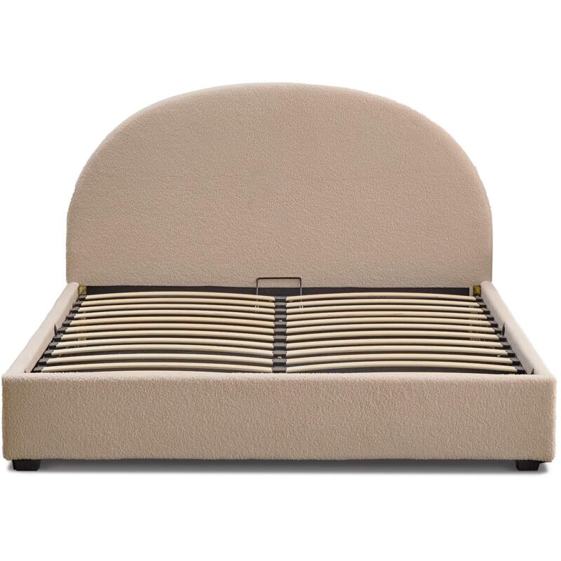 Lit-coffre complet avec tête de lit arrondie Bowiz 160x200cm Tissu bouclette Beige