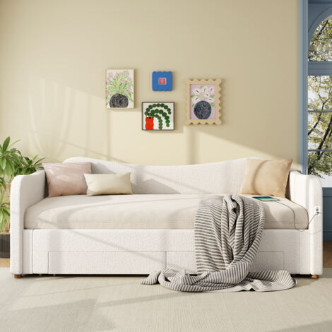 Lit coffre convertible 90x200 cm extensible à 180 cm, avec 2 tiroirs rangement, prise USB, canapé-lit design, bouclé, beige