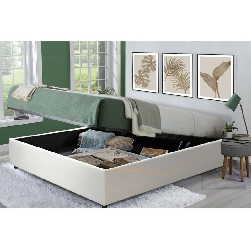 Sofareva - Lit Coffre Crown 160/200 Blanc Rangement supplémentaire Simili cuir - blanche