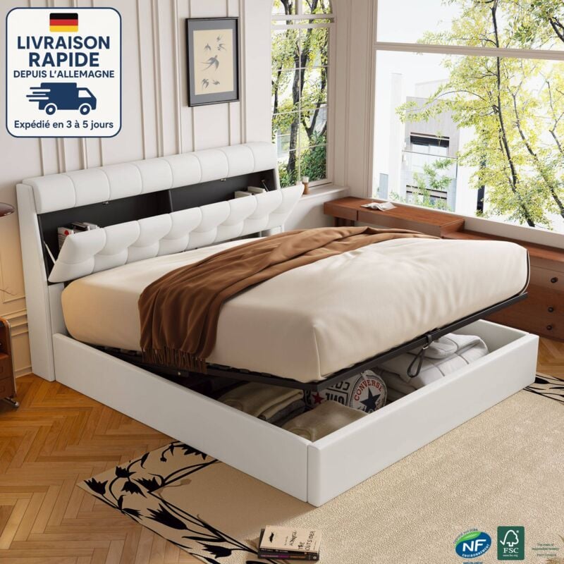 Lit coffre, cuir synthétique, lit adulte, sans matelas, hydraulique, lit double, blanc, 140x200cm