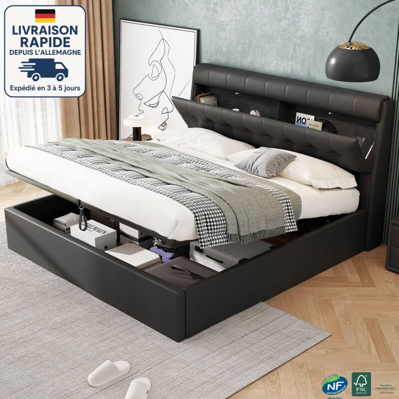 Lit coffre, cuir synthétique, lit adulte, sans matelas, hydraulique, lit double, noir, 140x190cm