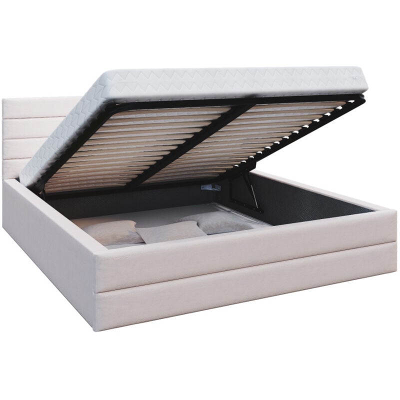 Lit coffre DALLAS 140 x 190 cm avec sommier à lattes relevable Beige
