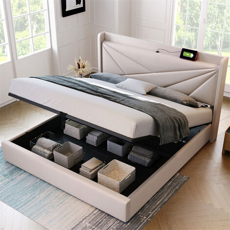Lit coffre de rangement beige - Cadre de lit en lin avec sommier à lattes et tête de lit avec fonction de chargement USB type C pour adulte, adolescent -