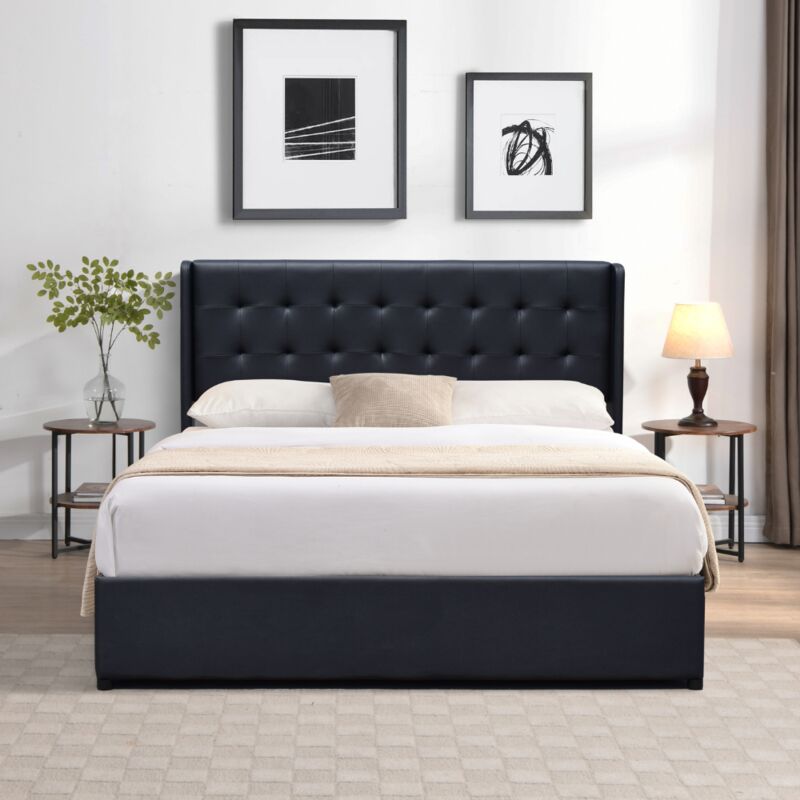 Lit coffre dehoussable noir 160x200 cm avec tête de lit capitonnée - 14 lattes - montage rapide et facile - revêtement pvc simili facile d'entretien