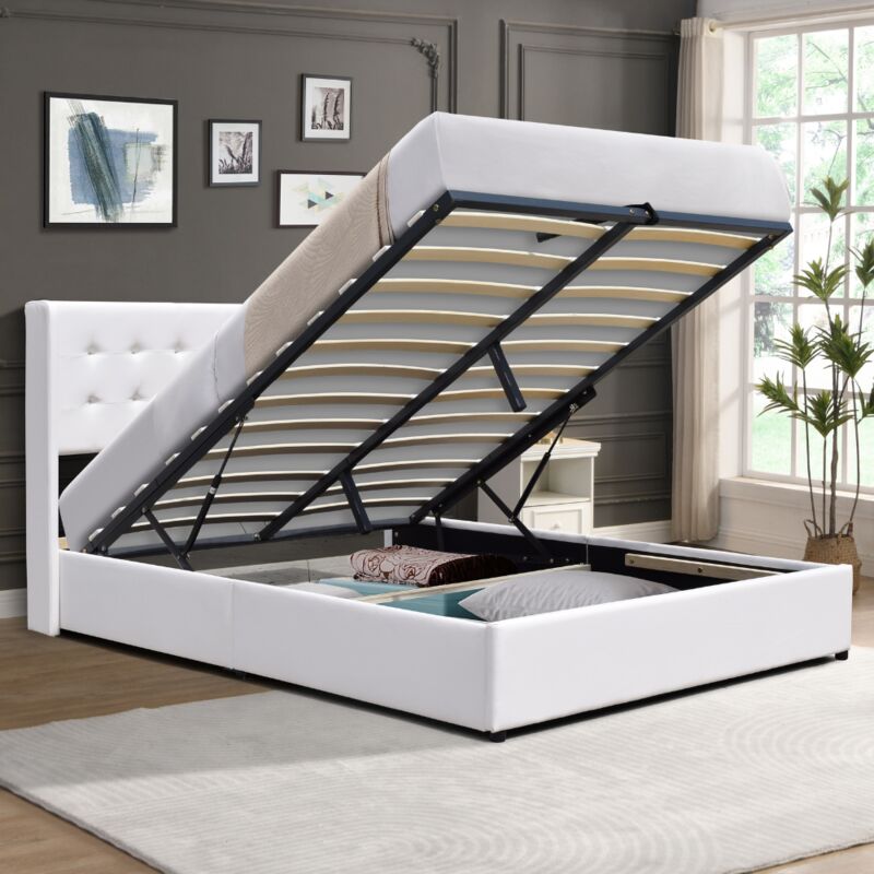 Lit coffre de rangement 140x190 cm avec tête de lit capitonnée et 12 lattes - Montage rapide et entretien facile en simili PVC