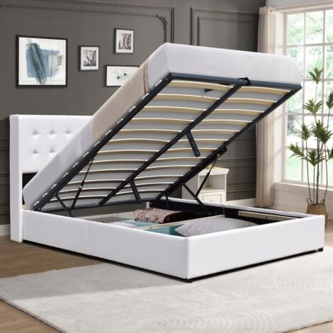 KING OF DREAMS dehoussable blanc 120x190 cm avec tête de lit capitonnée - 12 lattes - montage rapide et facile - revêtement PVC simili facile d'entretien