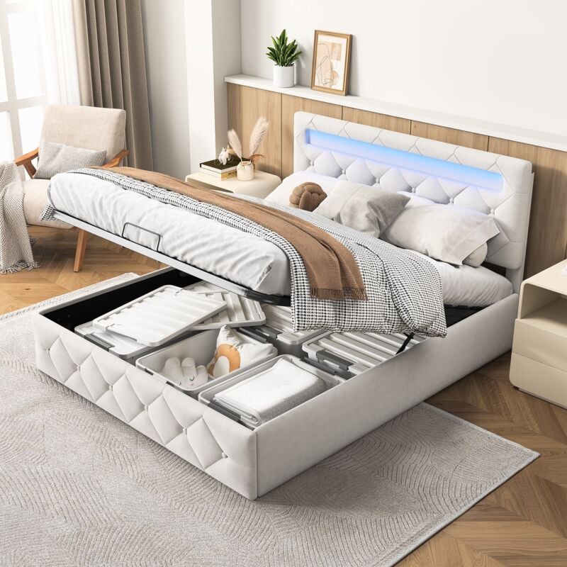 Eifson - Lit coffre double 140x200 cm avec barre lumineuse led pilotable, tête de lit prismatique avec revêtement boutons incrustés, avec rangements