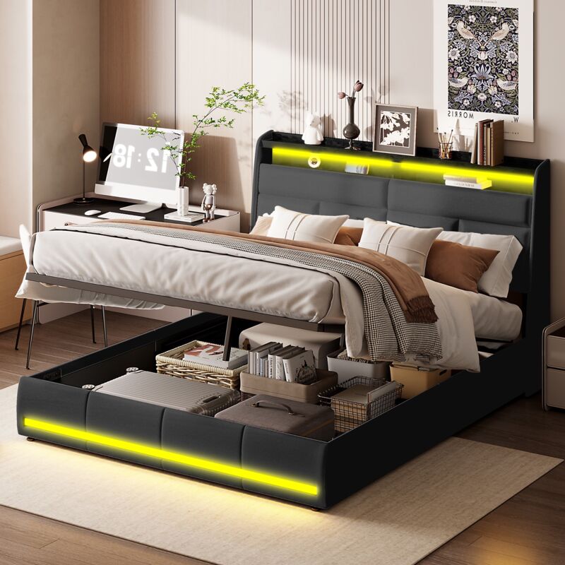 Lit coffre double 160x200 cm, avec bandeau lumineux led, table de chevet, avec séparateurs de rangement, rangement à levage hydraulique, sommier à