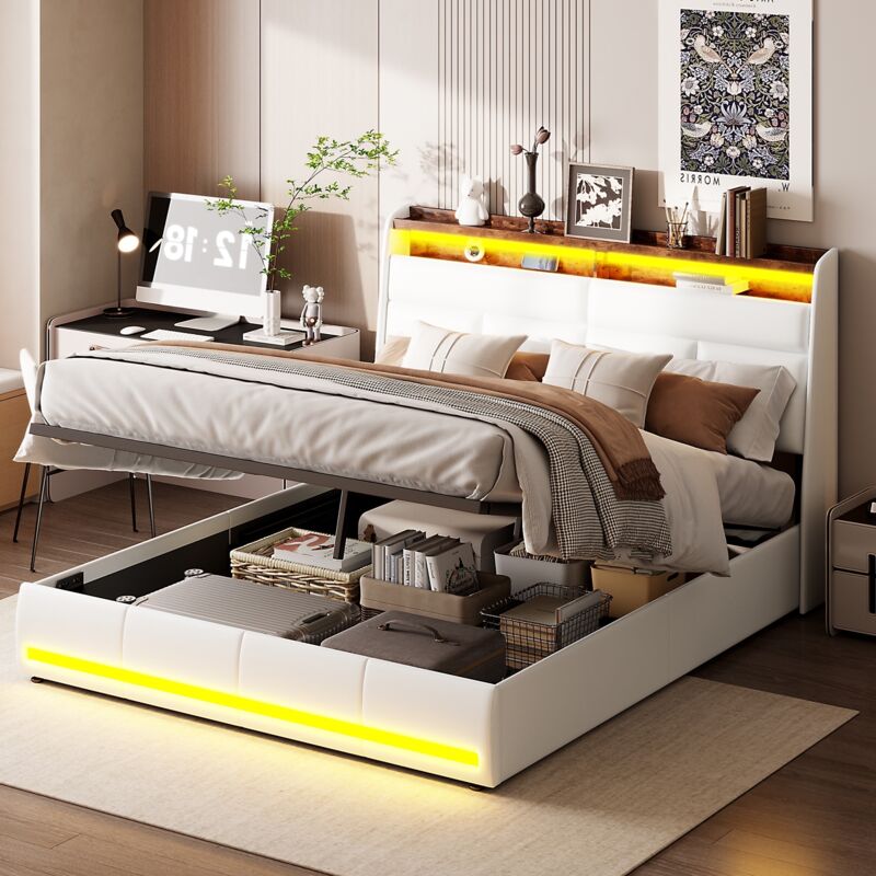 Lit coffre double 140x200 cm, avec bandeau lumineux led, table de chevet, avec séparateurs de rangement, rangement à levage hydraulique, sommier à
