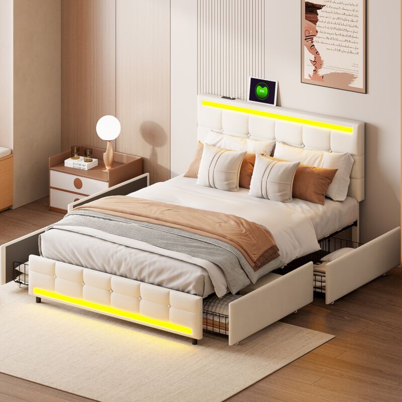 Lit 140x200 cm, avec 4 tiroirs, 2 fonctions usb, éclairage led réglable, sommier à lattes, structure en métal, matière lin, convient aux adultes et