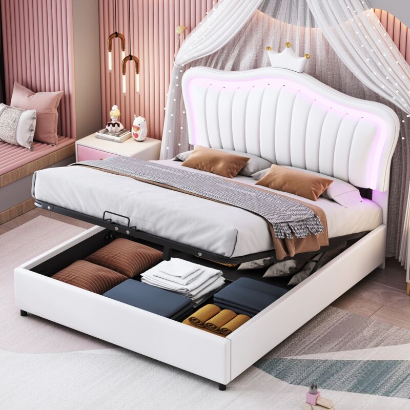Lit coffre double 140x200 cm, avec éclairage led, sommier à lattes, dossier coque, têtière couronne, cuir pu, adapté aux enfants, adolescents - Blanc