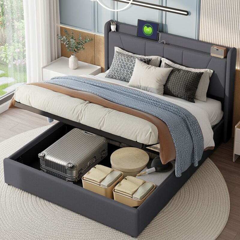 Lit coffre double 160x200 cm, avec interface 2USB+1type-c, lit rembourré, avec fonction de levage hydraulique, avec espace de rangement, matière lin,
