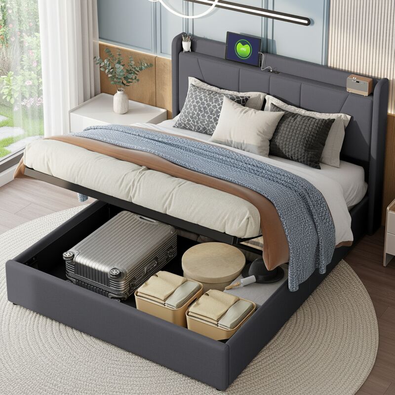Lit coffre double 140x200 cm, avec interface 2USB+1type-c, lit rembourré, avec fonction de levage hydraulique, avec espace de rangement, matière lin,