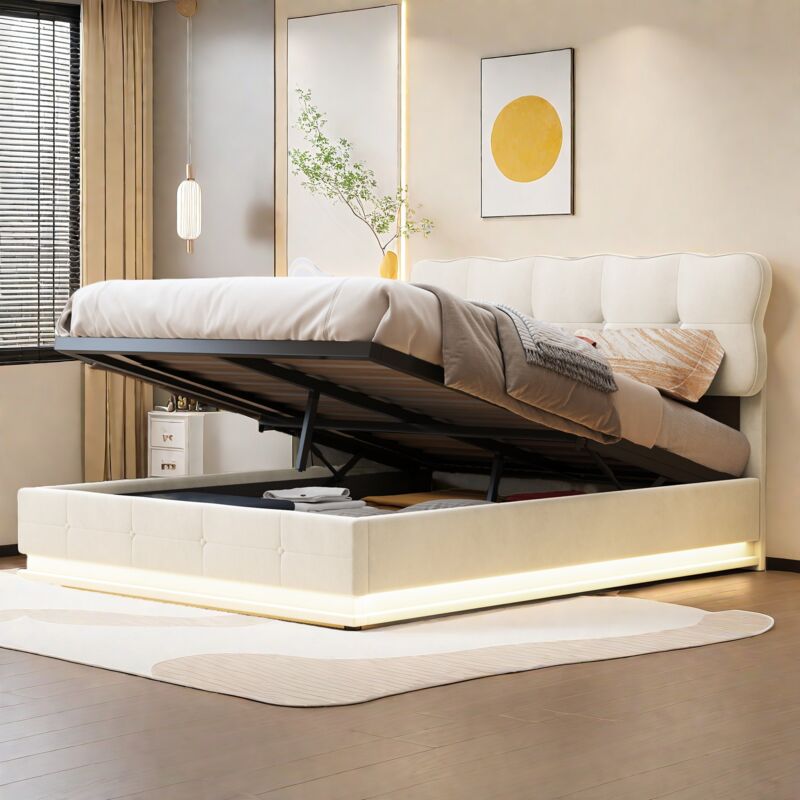 Lit coffre double 160x200 cm, avec tête de lit nuage, bandeau lumineux led sous le lit, velours, sommier à lattes, adapté aux adultes et adolescents,