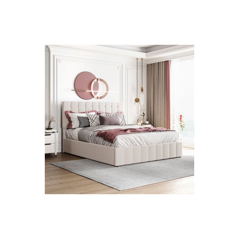 Lit coffre 140x200 cm, lit adulte, lit capitonné avec tête de lit capitonné réglable, velours doux pour la peau, blanc crème, sans matelas