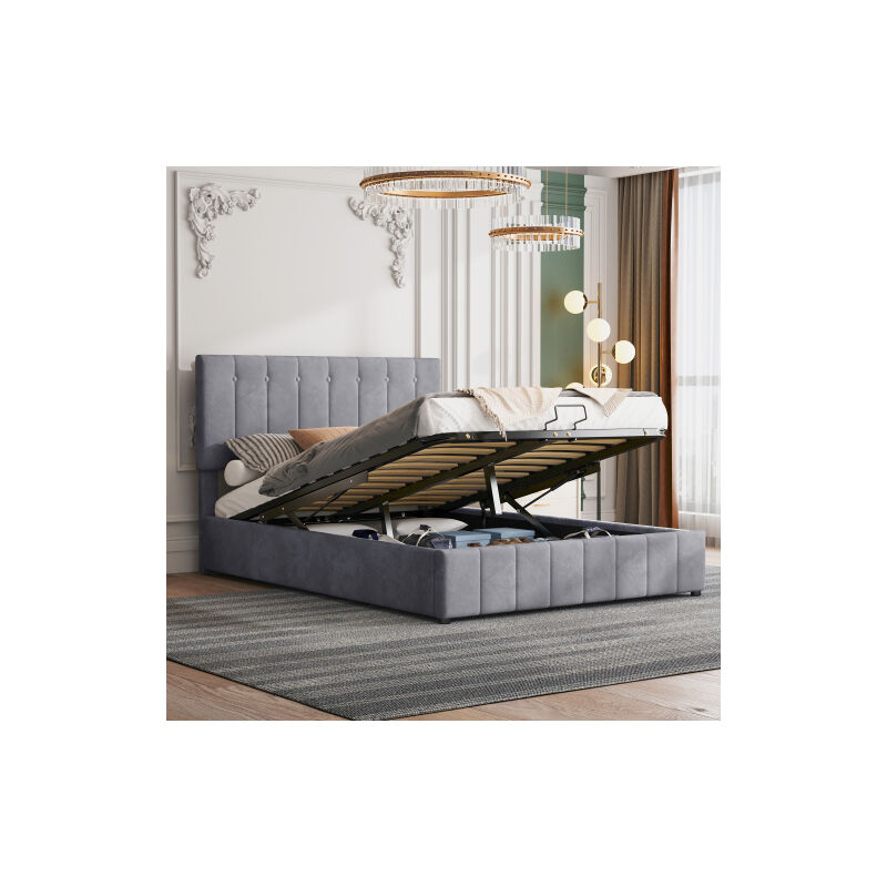 Lit coffre 140x200 cm, lit adulte, lit capitonné avec tête de lit capitonné réglable, velours doux pour la peau, gris, sans matelas