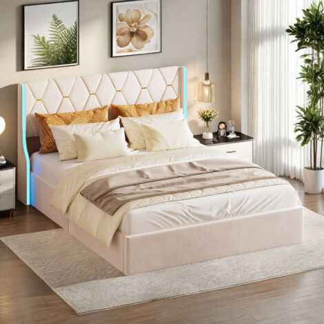 Lit coffre double 140 x 200–Lit adulte 140 x 200–Rangement hydraulique–Bande lumineuse LED–Sommier à lattes–Design minimaliste moderne–Velour beige