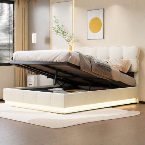 EIFSON 140x190 cm, avec tête de lit nuage, bandeau lumineux LED sous le lit, velours, sommier à lattes, adapté aux adultes et adolescents, lit tapissé hydraulique - Beige