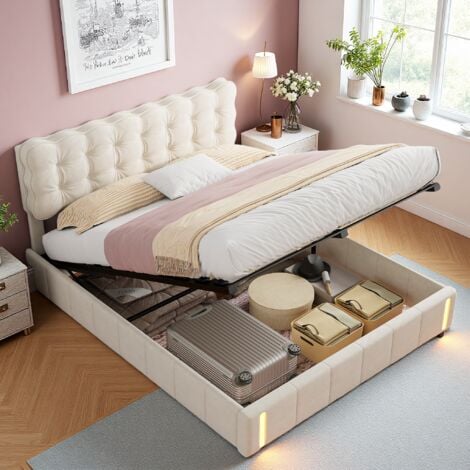 EIFSON Lit coffre double 160x200 cm, bande lumineuse LED en bout de lit, fonction rangement, tissu velours, sommier à lattes, lit à rembourrage hydraulique - Beige
