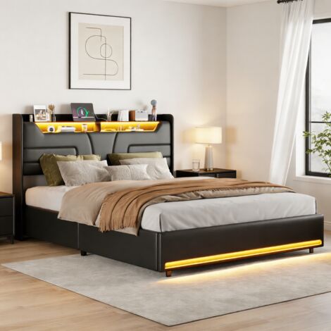 Lit coffre double 140x190 cm, Lit capitonnée avec éclairage LED et charge USB, Lit adulte avec sommier à lattes, Rangement hydraulique, PU, Noir