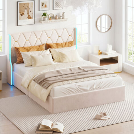 Lit coffre double 140x190 cm, velours beige, doré & LED, tête de lit capitonnée, rangement hydraulique, sommier à lattes, chambre adulte