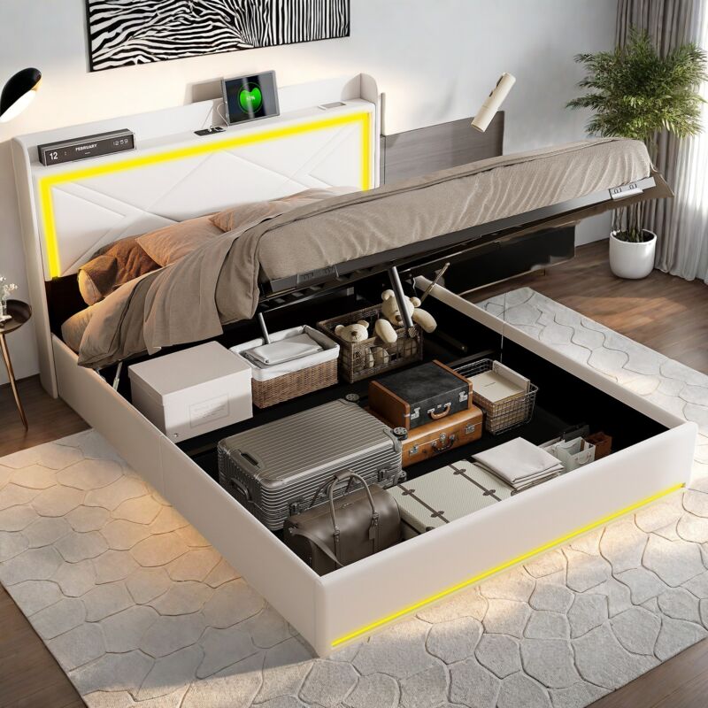 Lit coffre double 140x200 cm avec barre lumineuse led orientable, étagères de chevet et chargement usb, pu, avec rangement hydraulique, adapté aux