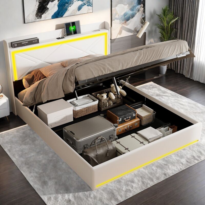 Lit coffre double 160x200 cm avec barre lumineuse led orientable, étagères de chevet et chargement usb, pu, ​​avec rangement hydraulique, adapté aux