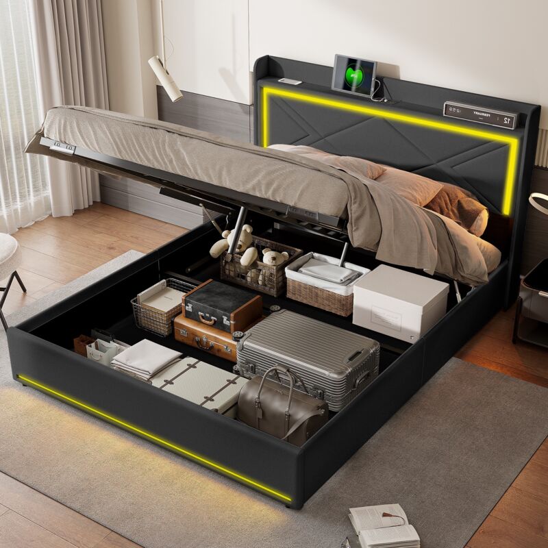 Lit coffre double 160x200 cm avec barre lumineuse led orientable, étagères de chevet et chargement usb, pu, ​​avec rangement hydraulique, adapté aux