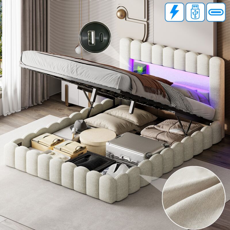 Lit coffre double 140x200 cm, avec éclairage led, chargement usb, fonction de rangement, forme souche, lin, sommier à lattes, lit rembourré