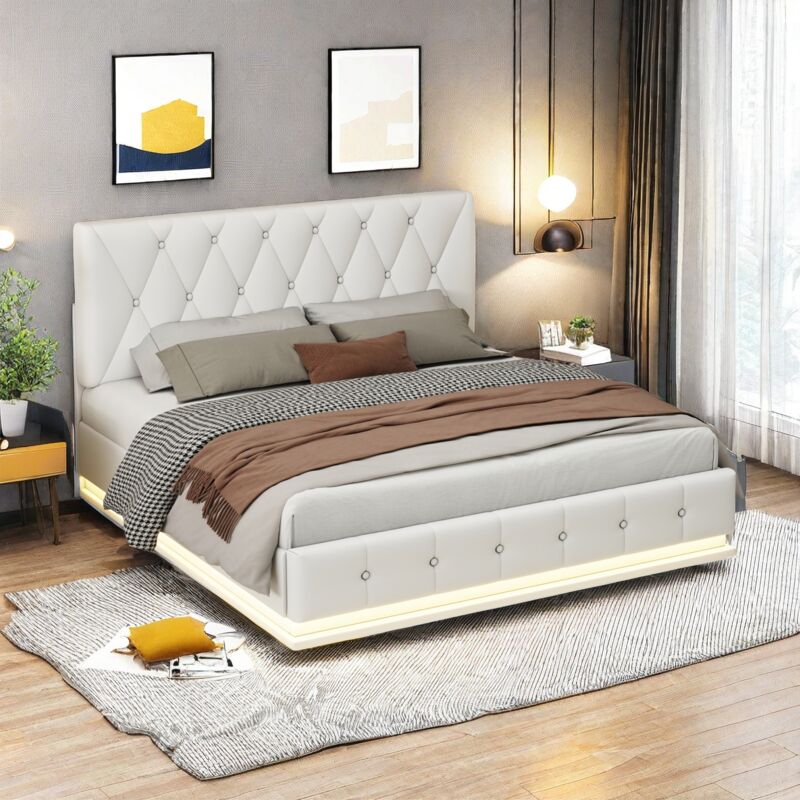 Sureh - Lit Coffre Double 140x200 cm avec éclairage led et rangement à relevage hydraulique, Lit adulte, Sommier à Lattes, Cuir, Blanc