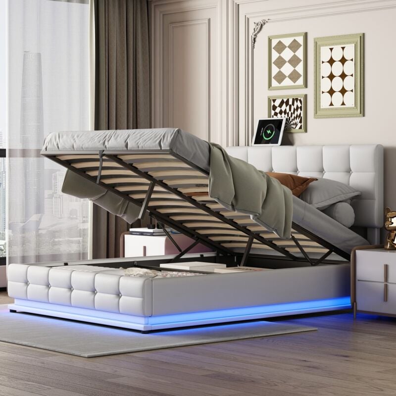 Lit coffre double 140x200 cm, avec éclairage led et rangement lit relevable hydraulique, pu, sommier à lattes, structure en métal, adapté aux