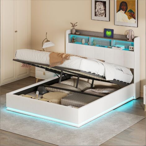 Lit Coffre Double 140x200 cm avec LED et USB, Rangement Sous Lit, Lit de Rangement Capitonné pour Adultes, Moderne, Velours, Blanc