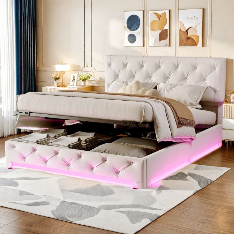Lit coffre 160x200 cm, lit capitonné avec sommier à lattes et tête de lit décorée de rivets, avec éclairage led, rangement hydraulique intégré, lin