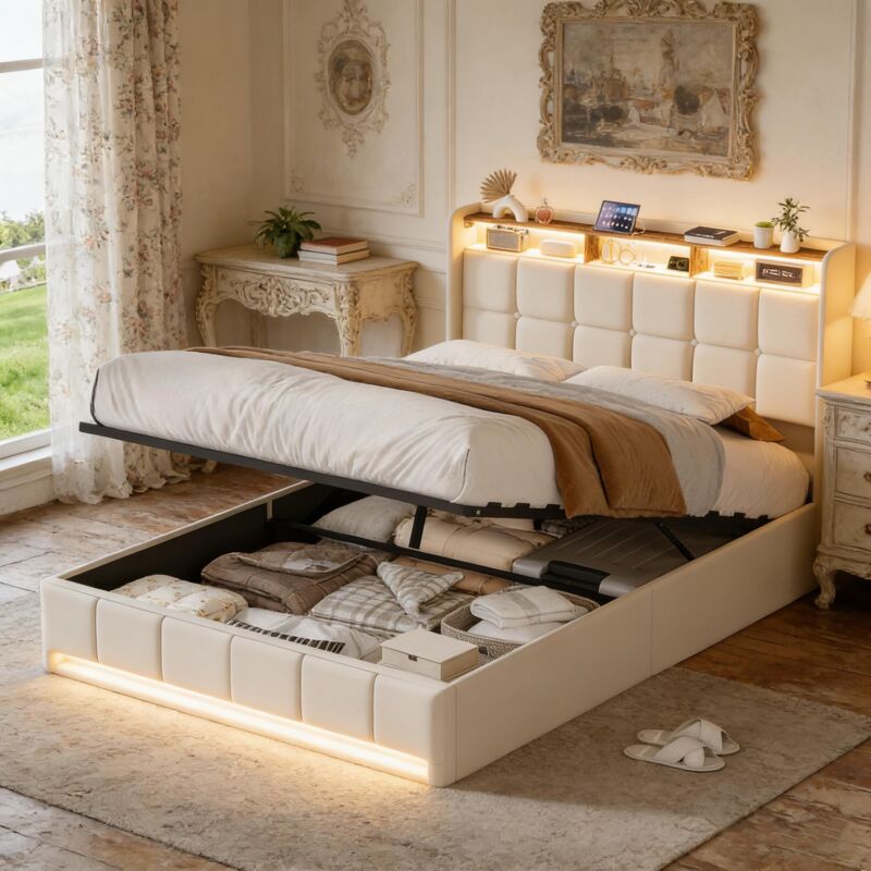 Lit coffre double 140x200 cm beige - Lit avec rangement 2 places, tête de lit avec LED, étagère et ports USB, sommier à lattes, lit adulte capitonné