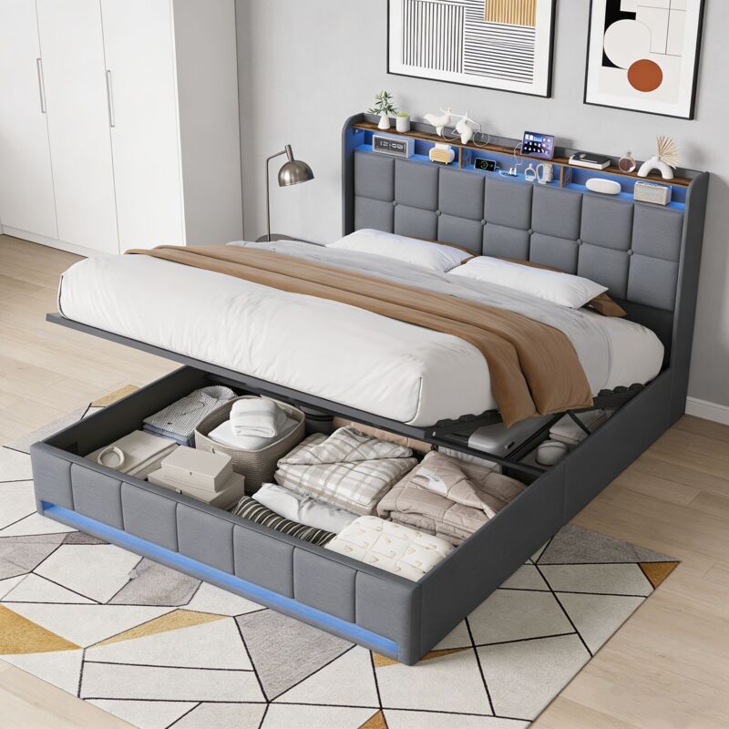 Lit coffre double 160x200 cm gris - Lit avec rangement 2 places, tête de lit avec LED, étagère et ports USB, sommier à lattes, lit adulte capitonné