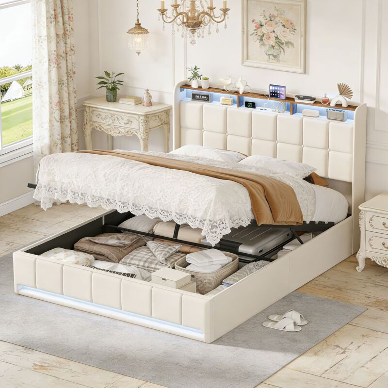 Lit coffre double 160x200 cm beige - Lit avec rangement 2 places, tête de lit avec LED, étagère et ports USB, sommier à lattes, lit adulte capitonné