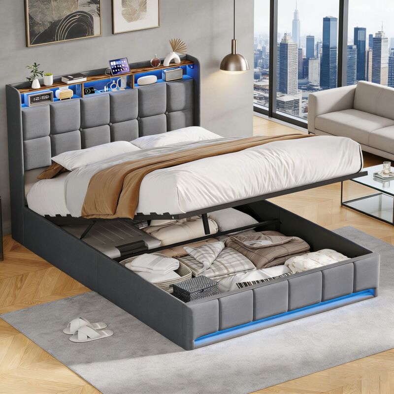Lit coffre double 140x190 cm gris - Lit avec rangement 2 places, tête de lit avec LED, étagère et ports USB, sommier à lattes, lit adulte capitonné