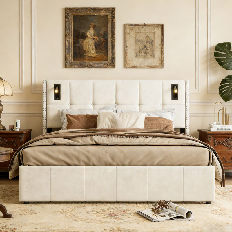 Lit coffre double 140x200 cm, Coffre de rangement, Lit capitonné avec lampe de lecture, Sommier à lattes en bois, velours, beige