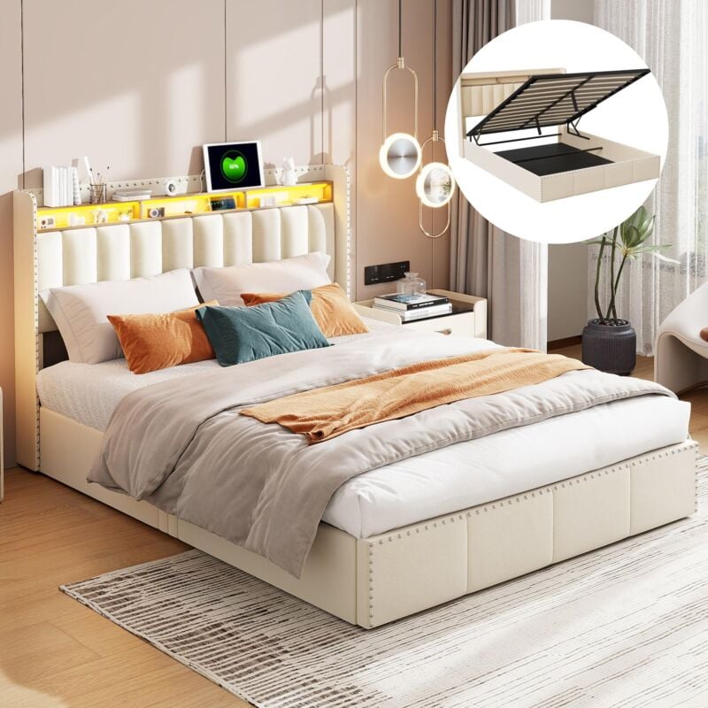 Lit coffre double 140x200 cm, décoration de rivets, nombreux rangements, sommier à lattes, velours, adapté aux adultes et adolescents - Beige
