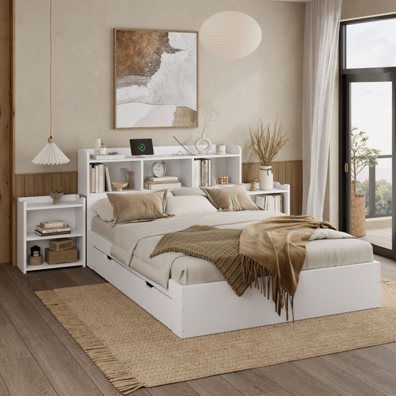 Lit Coffre Double 140x200 cm, Lit Rembourré avec 4 Tiroirs de Rangement et 2 Table de Chevet Coulissantes - Sans Matelas - Blanc