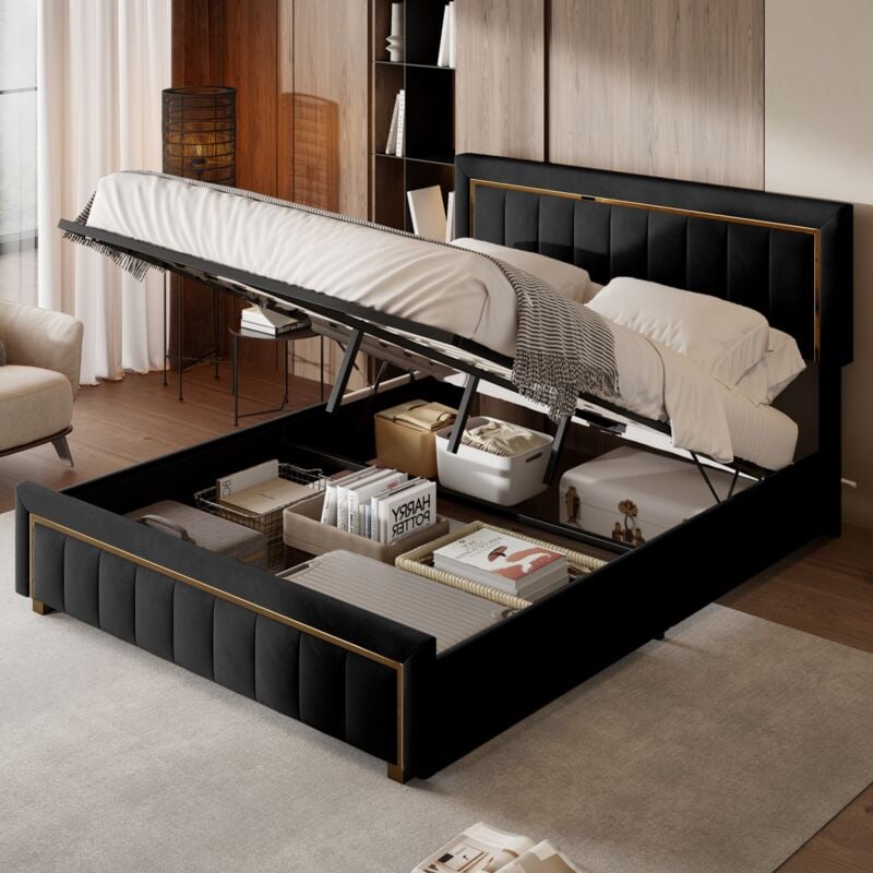 Lit coffre 160x200 cm, tête de lit texturée verticale, cadre doré, tissu velours, lit à rembourrage hydraulique, convient aux adultes et aux