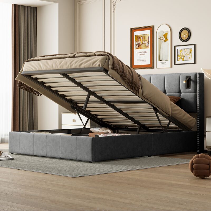 Lit coffre double 160x200cm, flanelle, tête de lit capitonnée avec 2 prises USB/1TYPE c et liseuse, sommier à lattes, rangements, lit adulte - Gris