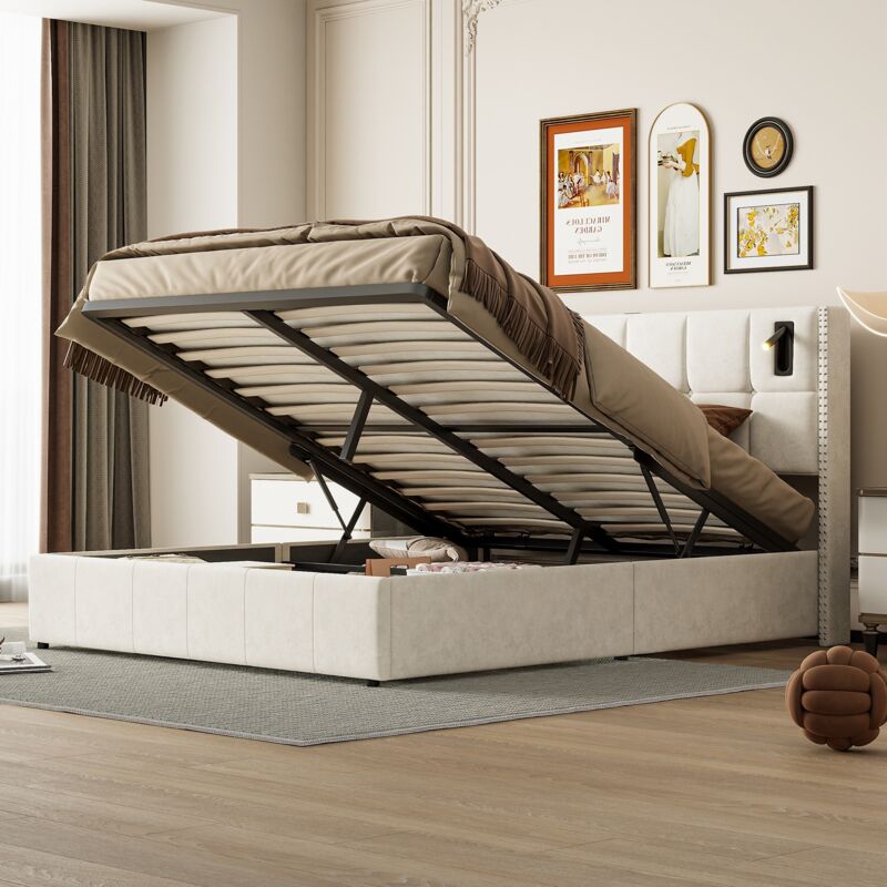 Lit coffre double 160x200cm, flanelle, tête de lit capitonnée avec 2 prises USB/1TYPE c et liseuse, sommier à lattes, rangements, lit adulte - Beige