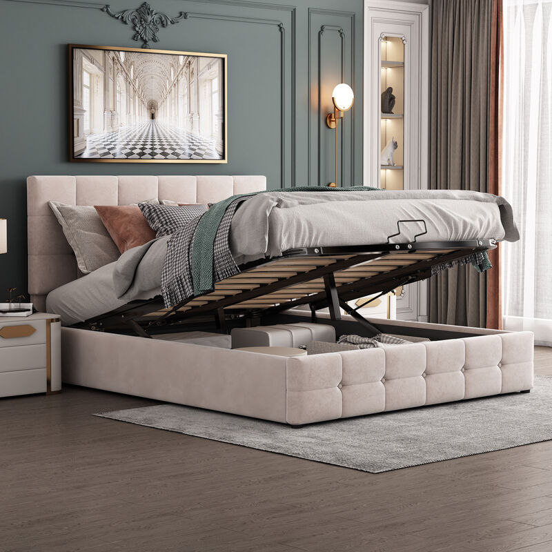 Lit coffre 140x200cm en velours avec tête réglable à motif bloc et sommier à lattes - Crème