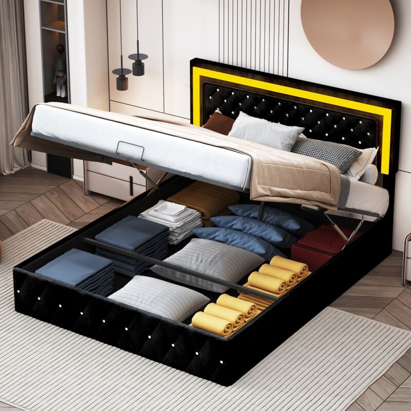 Lit coffre double 160x200cm velours, garniture rivets, bande lumineuse led, tête de lit relevable, sommier à lattes, lit capitonné adulte - Noir
