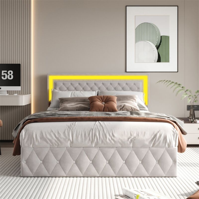 Lit coffre double 180x200cm velours, garniture rivets, bande lumineuse LED, tête de lit relevable, sommier à lattes, lit capitonné adulte - Beige