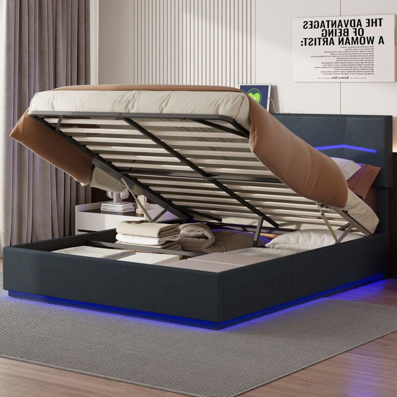 Lit coffre double 180x200 cm, avec bande lumineuse rgb, 2 prises usb, 2 prises de courant Tête de lit, pu, ​​lit à rembourrage hydraulique pour