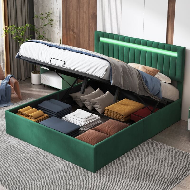 Eifson - Lit coffre 140x200 cm, avec éclairage led orientable, tête de lit verticale texturée, coffre hydraulique, velours, sommier à lattes - Vert